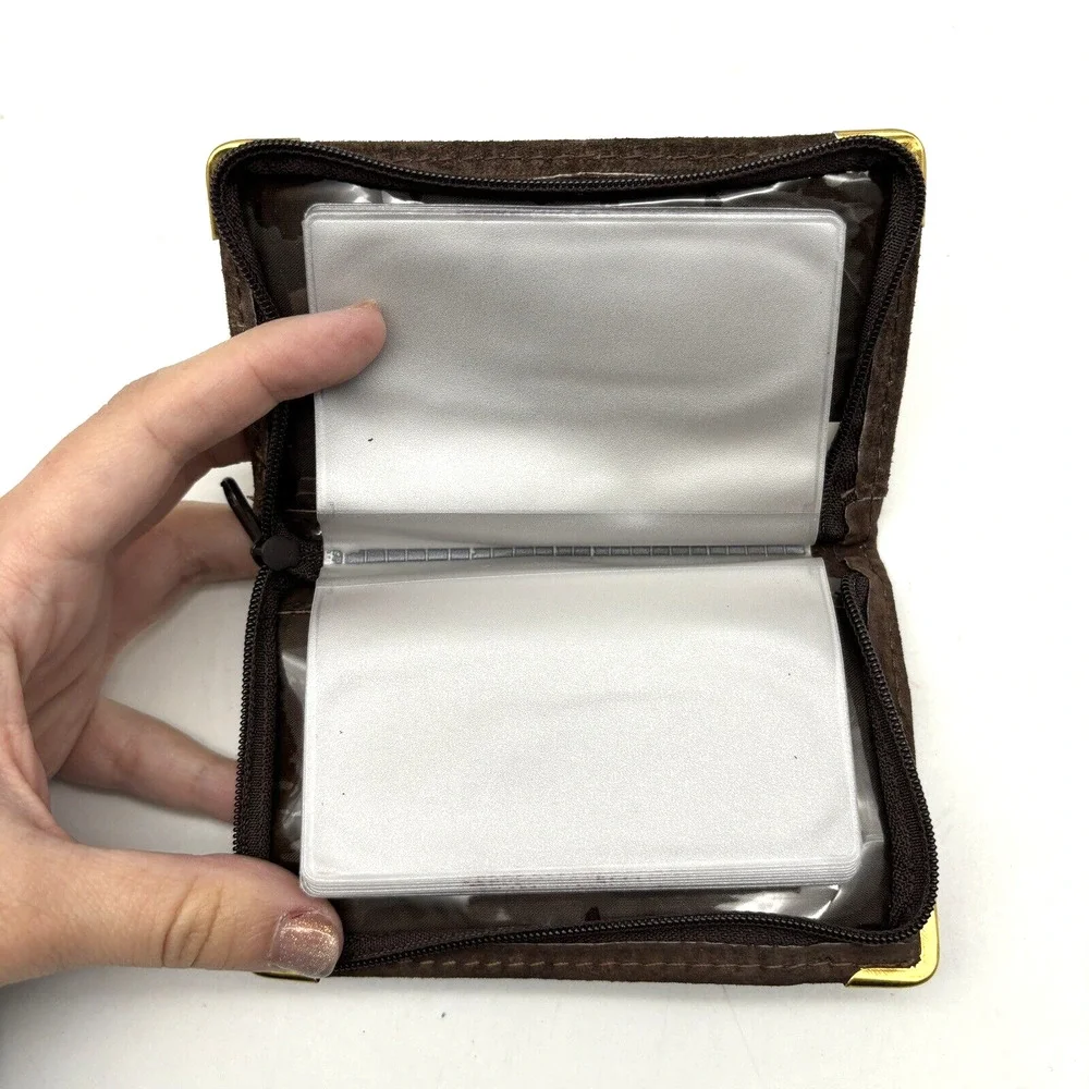 New Vintage English Leather Brown Suede Zip Around Bifold Photo Wallet 5x3.25
